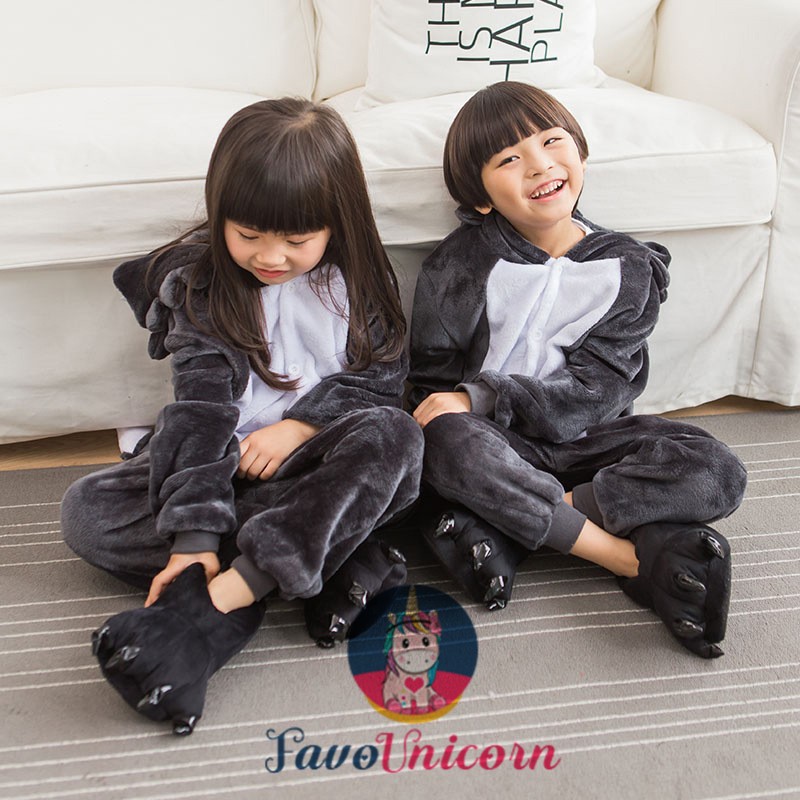 Boys Girls Wolf Fancy Dress Pyjamas Hooded Animal Character Warm Gift 2-12 Years 