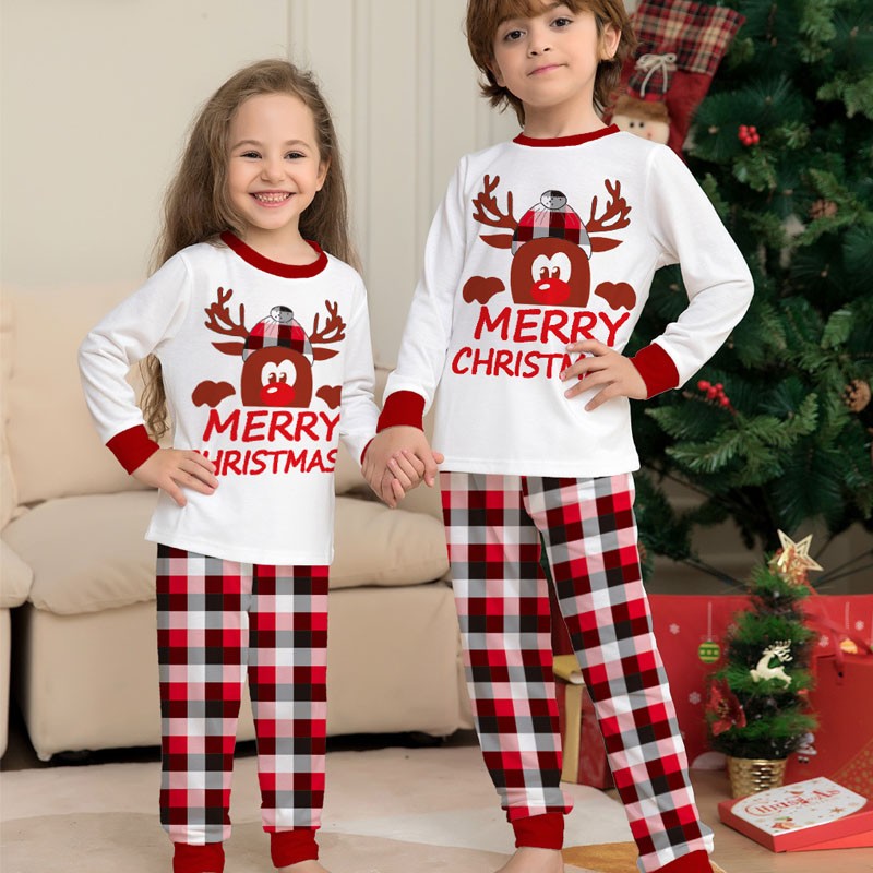 Green Elk Merry Christmas Matching Family Pajamas Sets Christmas PJ's  Letter Print Top And Plaid Pants