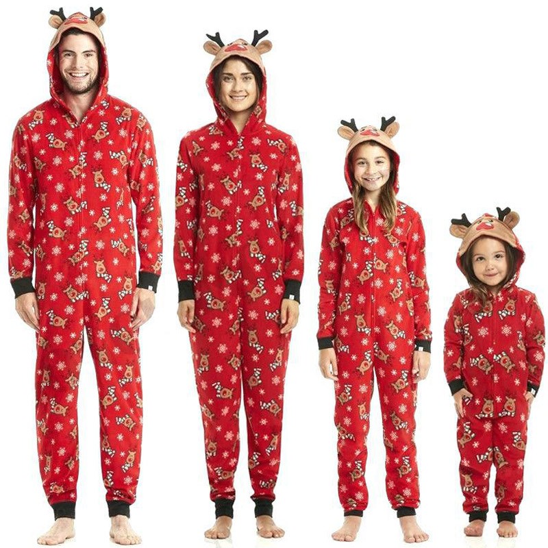 Matching Family Pajamas Sets Christmas Jumpsuit One Piece Elk Hoodie Pajamas