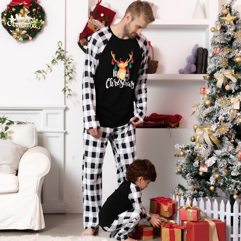 Christmas Matching Family Pajamas Black White Plaid Deer Pjs