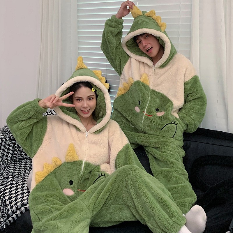 Cute Dino Onesies Zipper One-piece Pajamas Couples Kawaii Pyjama Jumpsuit