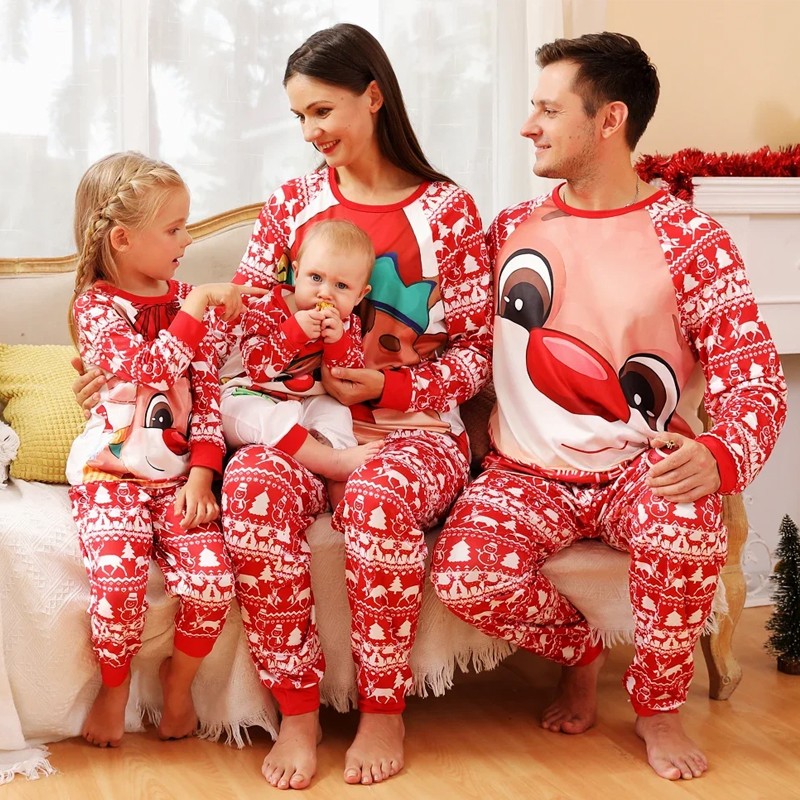 Family Christmas Pajamas Cartoon Deer Matching Pjs Home Sleepwear