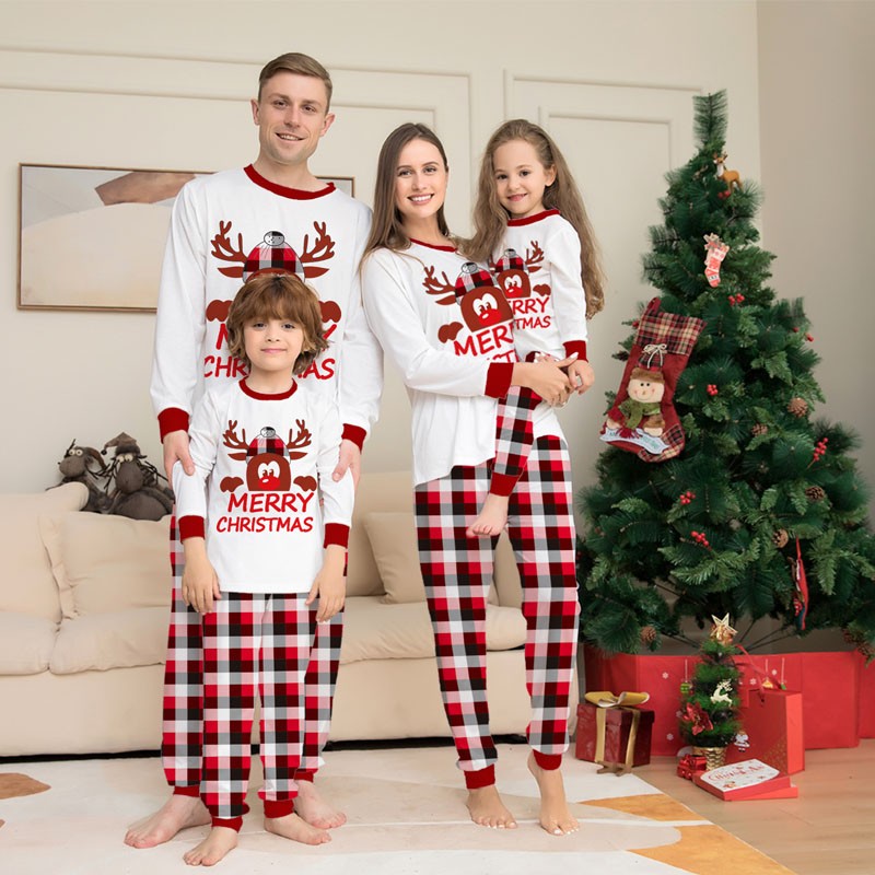 Christmas Matching Family Pajamas Women Men Plaid Deer Cotton Pjs