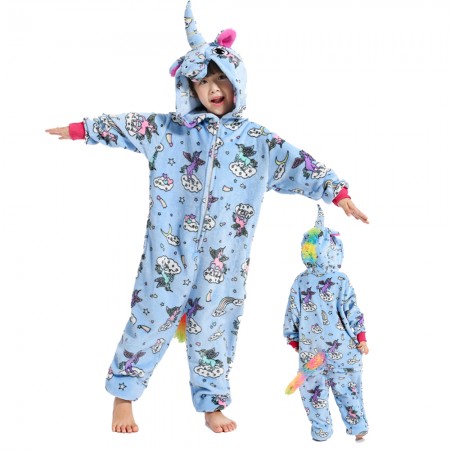 Rainbow Tail Blue Unicorn Onesie Costume Pajama Kids Animal Outfit for Boys & Girls