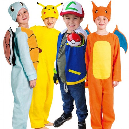 Kids Ash Ketchum & Pikachu & Squirtle & Charizard Halloween Costumes Cosplay Group Suit
