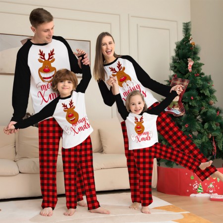Family Christmas Pajamas Sets Deer Printed Top + Plaid Pants Sleepwear