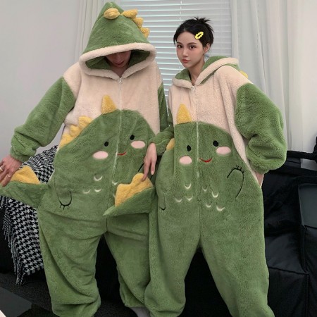 Cute Dino Zipper One-piece Couples Kawaii Pyjama Jumpsuit