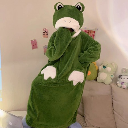 Frog Anime Kigurumi Warm Homewear Sleepdress Flannel Nightgowns