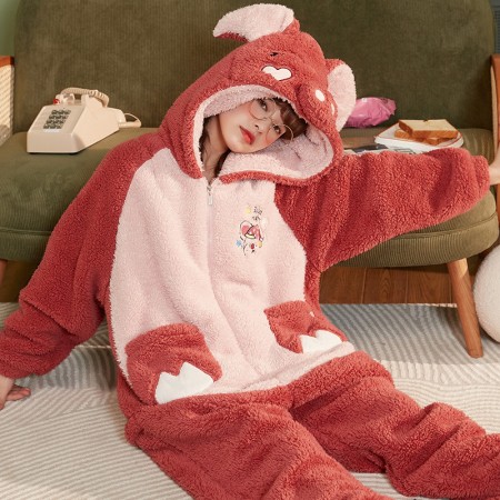 Heart Pig Onesie Pajam Girls Cartoon Sleepwear Ladies Flannel Pajamas