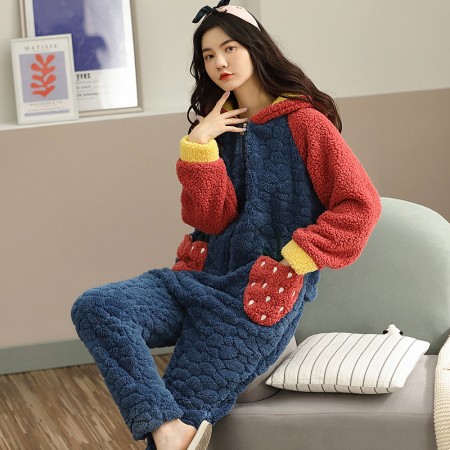Sweet Strawberry Onesie Flannel Pajamas Girls One Piece Pyjamas