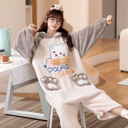 Girls Polar Bear Onesie Pajamas Cartoon Hooded Jumpsuit Women Lougewear